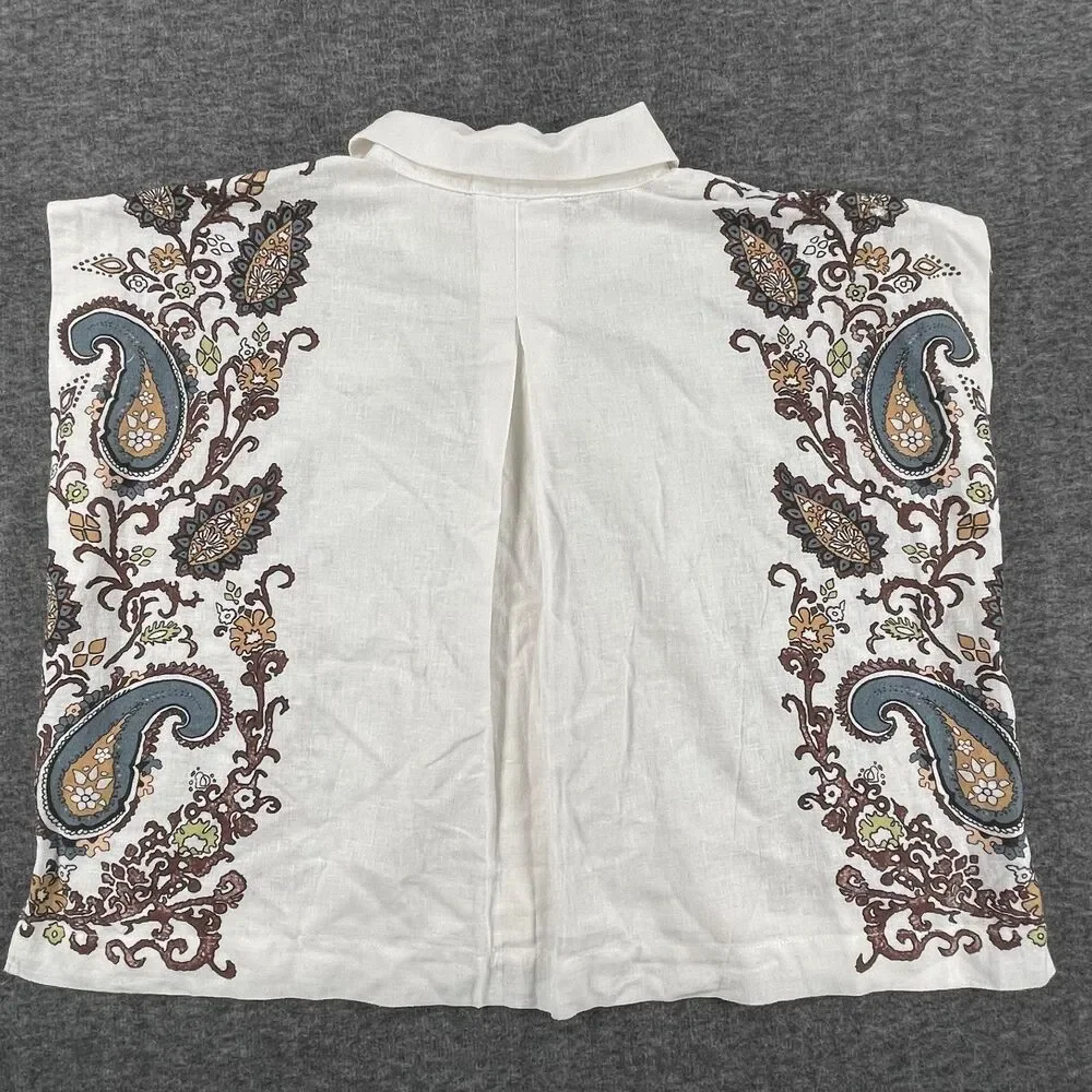 Cleobella XS White Paisley Coastal Linen Blend Lagenlook Cropped Boho Blouse - Picture 6 of 13